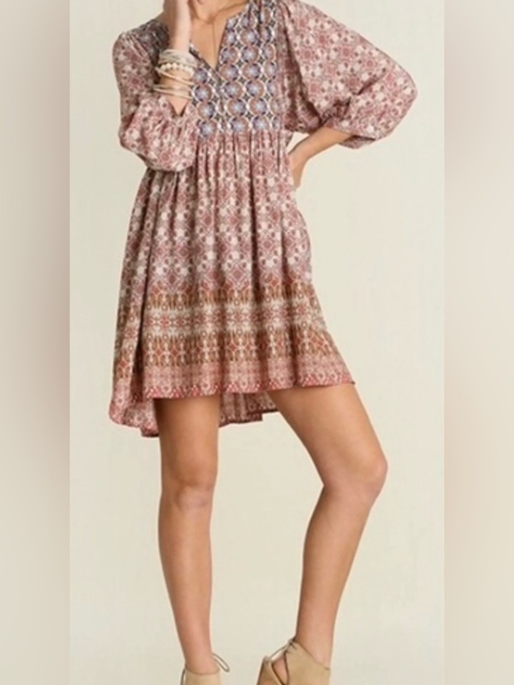 Umgee Babydoll Tunic Dress Brown Medium NWOT IN PACKAGE